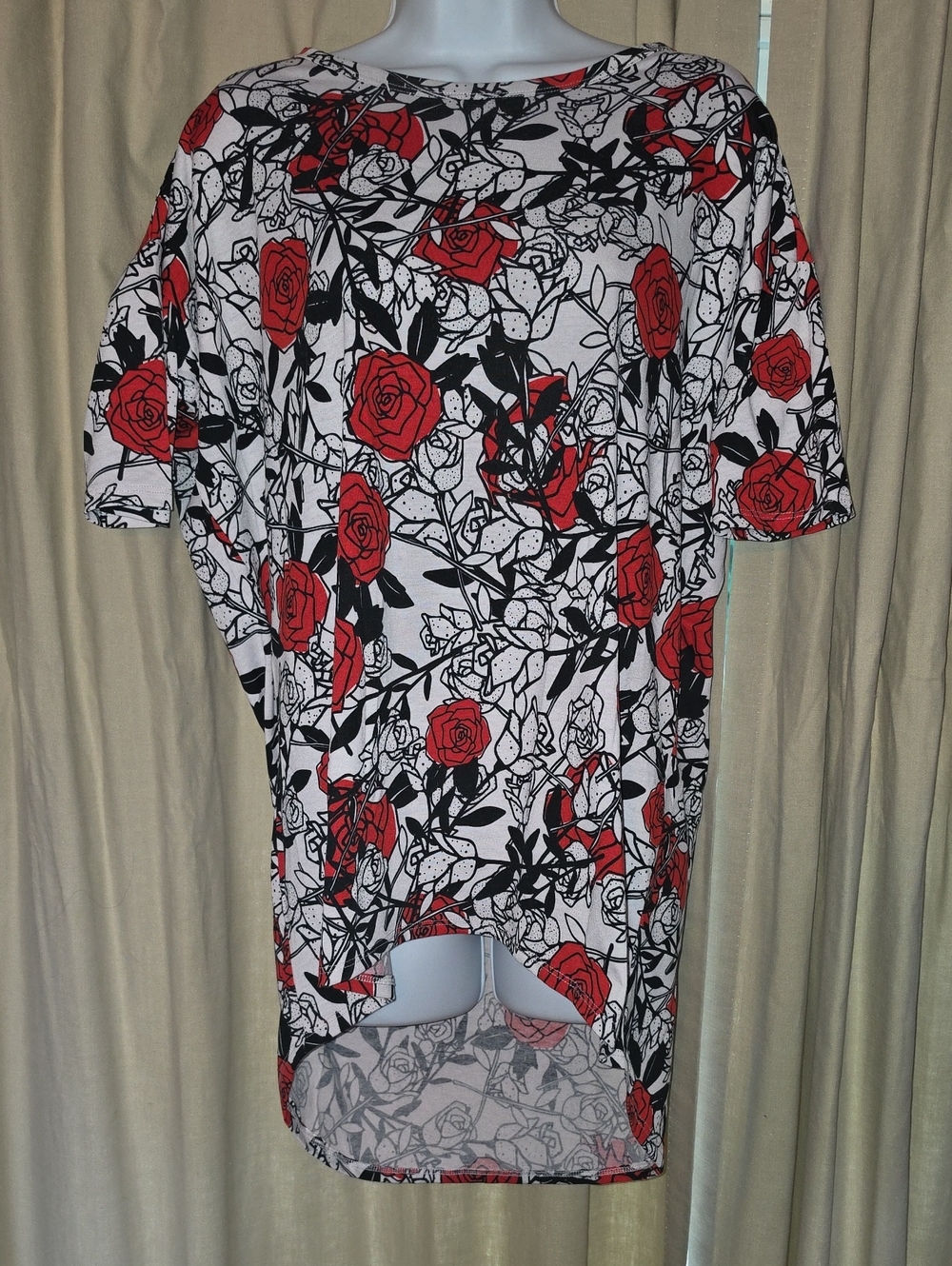 LuLaRoe Irma White Top with Red Rose and Black Vine Print NWOT